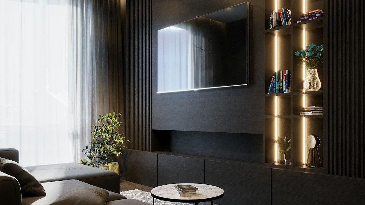 A room with a tv and a couch. — a Sleep Finally guide to TV as a Sleep Aid: The Fallback Habit Explained.
