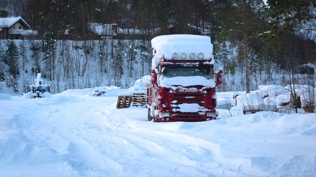 Red truck covered in snow in a winter landscape — a Sleep, Finally guide to Why Truck Drivers Sleep in Two Blocks